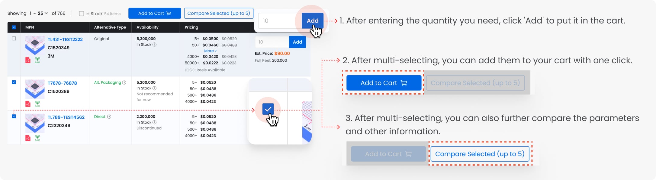 Step 3 demo: set quantity, select rows, then Add to Cart or Compare Selected